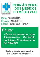 Regional Médio Vale convida médicos para reunião geral